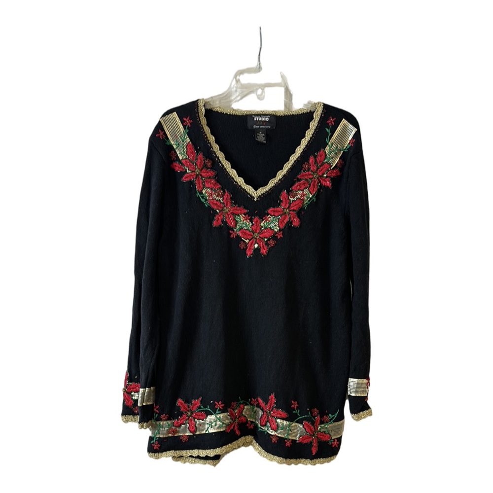 Studio Joy 1X Black Poinsettias‎ Gold Metallic Beaded Floral Embroidered